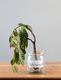 Close-up of jar on table against white background