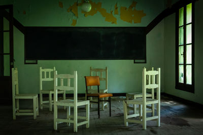 Empty chairs and table in house