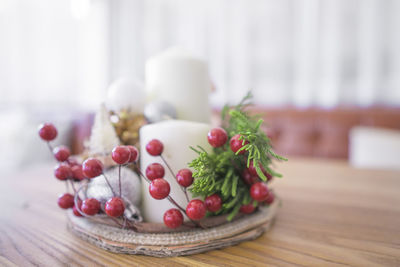 Close-up of strawberries in plate on table