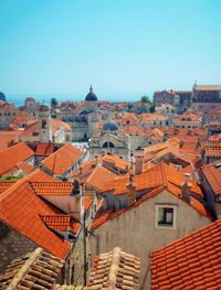 High angle view of townscape against clear sky