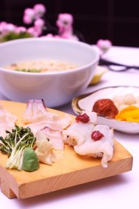 Close-up of food served on table