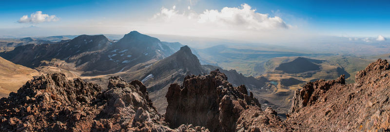 Panoramic view of mountains against cloudy sky