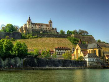 Scenic view of buildings in old town against clear sky