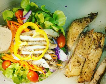 High angle view of chopped vegetables in plate