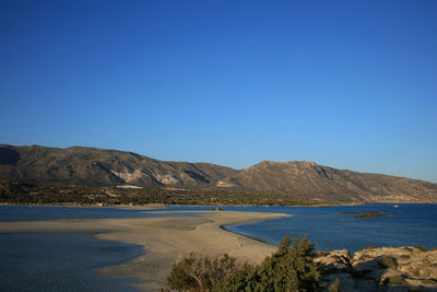 Scenic view of beach against clear blue sky