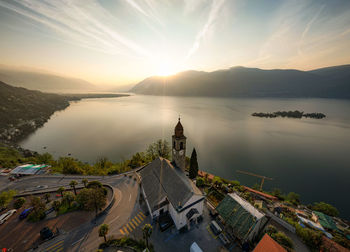 High angle view of townscape against sky during sunset