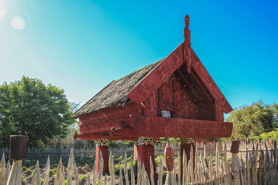 Low angle view of old building against clear blue sky