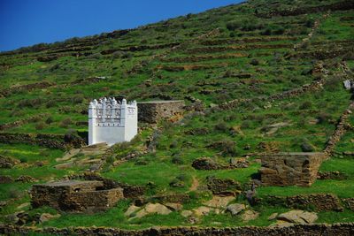 Built structure on landscape against sky