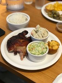 High angle view of food served on table