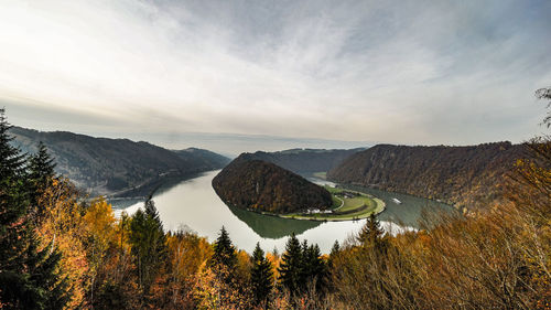 Scenic view of mountains against sky during autumn