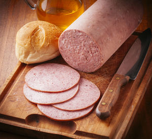 High angle view of bread on cutting board