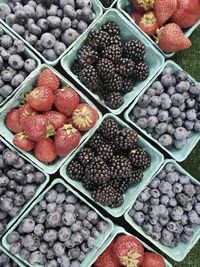 High angle view of strawberries in market stall