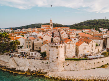 Aerial drone photo of korcula old town and a tower bar in croatia.