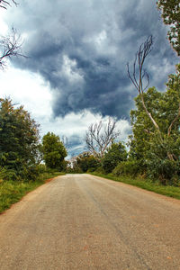 Empty road along trees and plants against sky