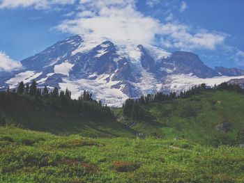 Scenic view of snowcapped mountains against sky