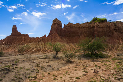 Rock formations on mountain against sky