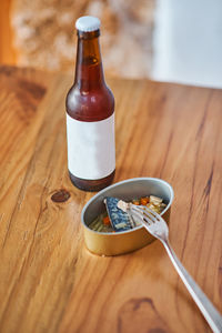 High angle view of wineglass on table