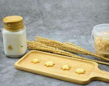 High angle view of drink in glass on table