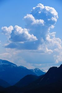 Scenic view of mountains against blue sky