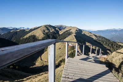 Scenic view of mountains against clear blue sky