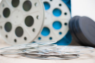 Close-up of film reels on table