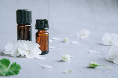 Top view of glass bottles of geranium essential oil with fresh white flowers and petals over gray