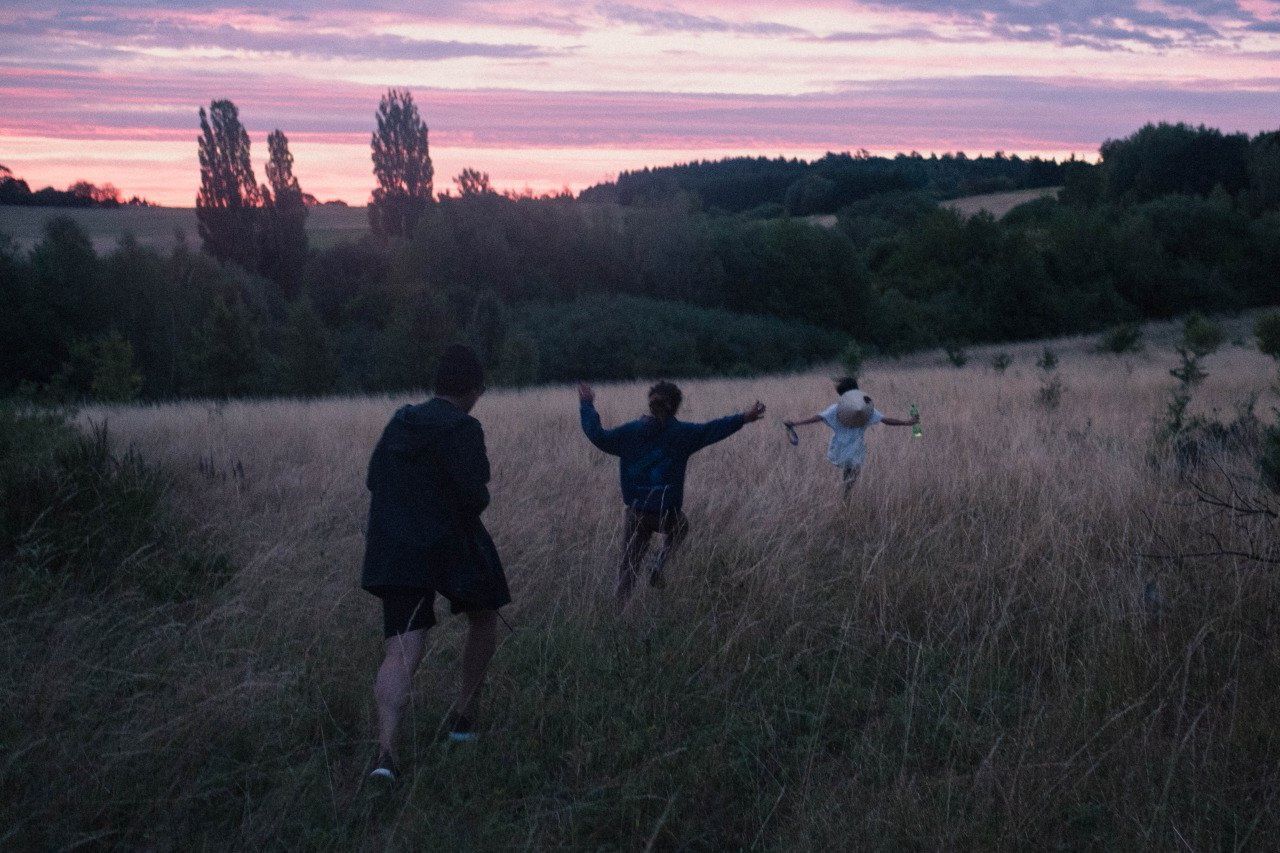 leisure activity, lifestyles, togetherness, bonding, men, love, sky, field, family, boys, friendship, landscape, standing, grass, full length, tranquility, nature, tranquil scene