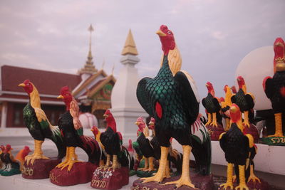 Sculptures of chicken birds outside temple
