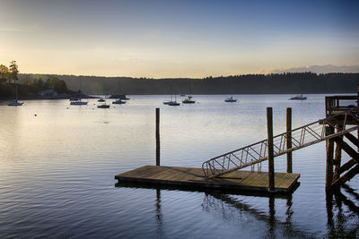 View of boats moored in lake
