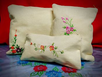 Close-up of floral pattern on pillows