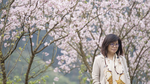 Portrait of beautiful woman standing by cherry tree