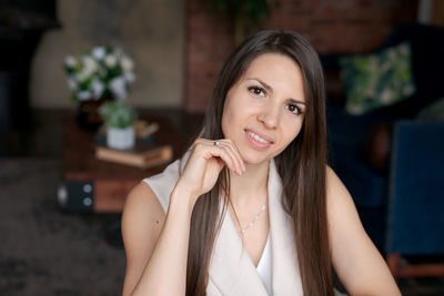 Closeup headshot happy attractive business woman looking away, excited by new