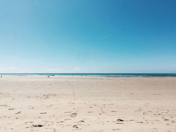 Scenic view of beach against blue sky