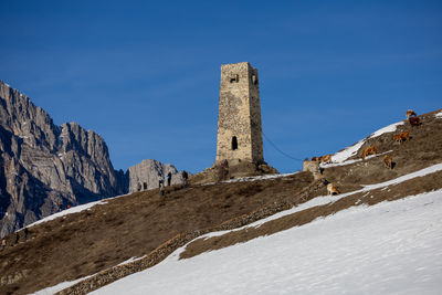 Scenic view of snowcapped mountains against clear blue sky