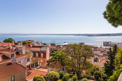 High angle view of townscape by sea against clear sky