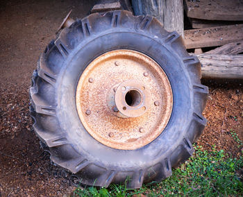 High angle view of old vintage car on field