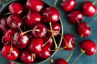 Directly above shot of wet cherries in bowl on table