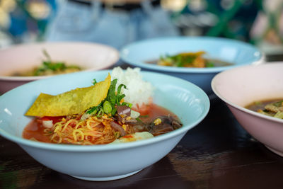 Close-up of meal served on table