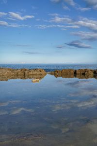 Reflection of rocks in sea against sky