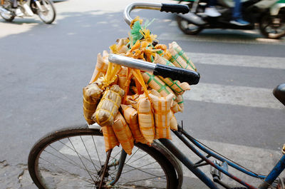 High angle view of objects hanging on bicycle