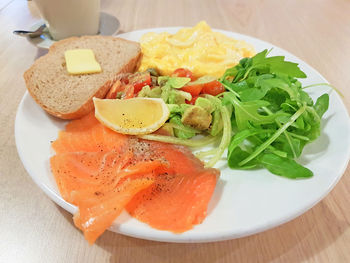 High angle view of food in plate on table