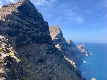 Rock formations by sea against blue sky