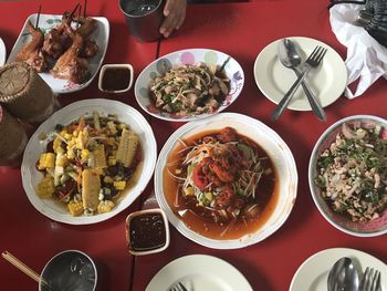 High angle view of meal served on table