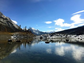 Scenic view of lake by snowcapped mountains against sky