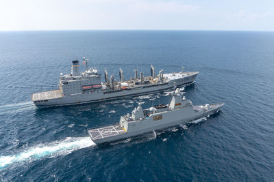 High angle view of ship in sea against sky