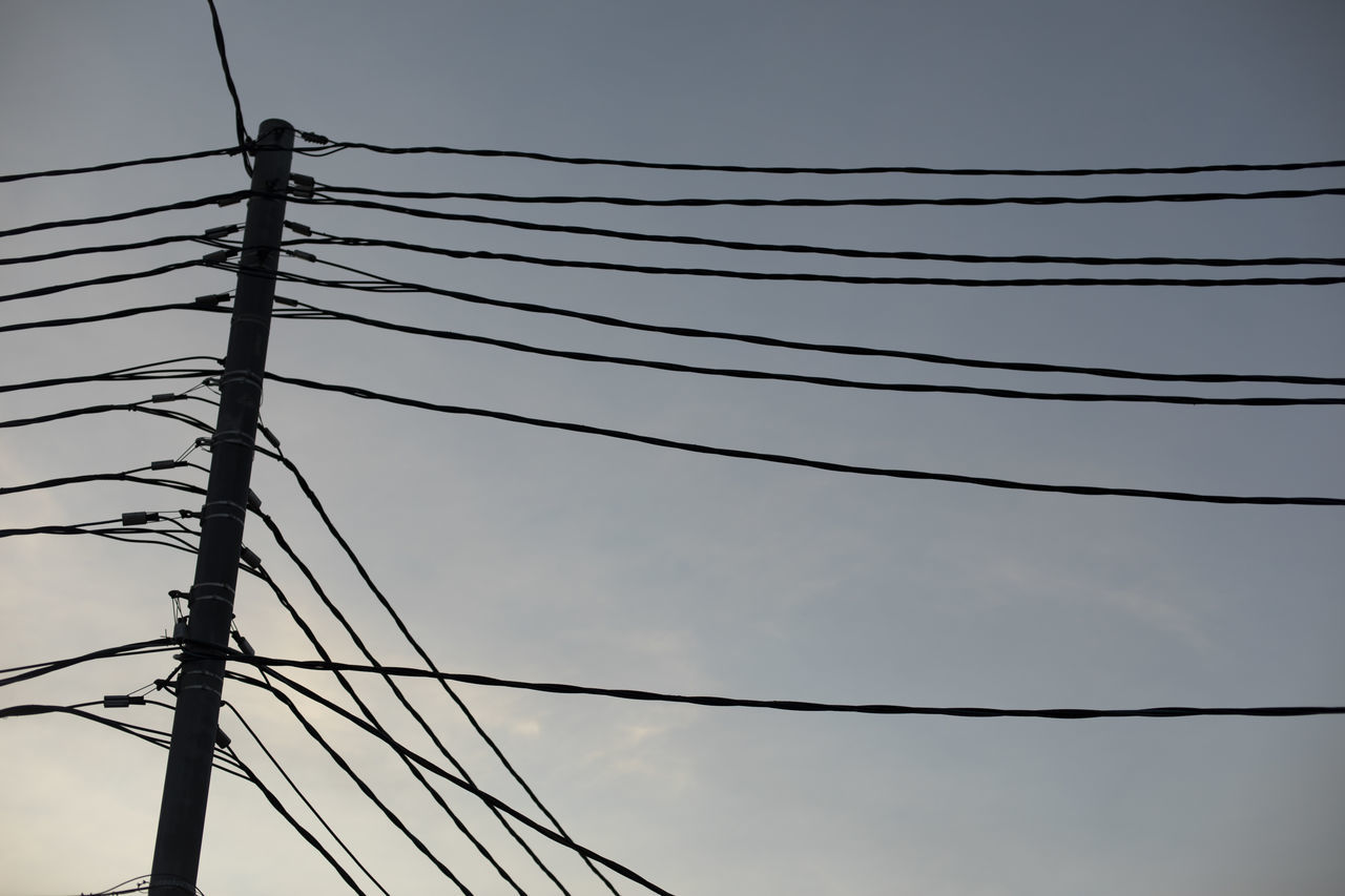 cable, line, electricity, technology, overhead power line, power supply, outdoor structure, sky, electricity pylon, power line, transmission tower, power generation, no people, electrical supply, nature, complexity, low angle view, mast, fence, telephone line, wire, outdoors, silhouette, communication, tower, day