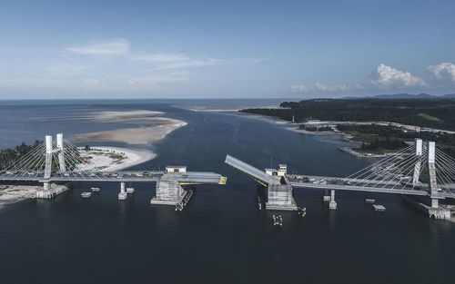 High angle view of bridge over sea against sky