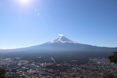 Scenic view of mountains against clear blue sky