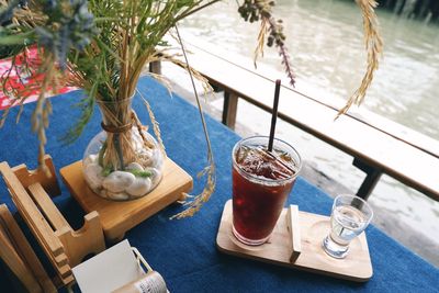 High angle view of drink on table