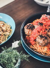 High angle view of food in bowl on table